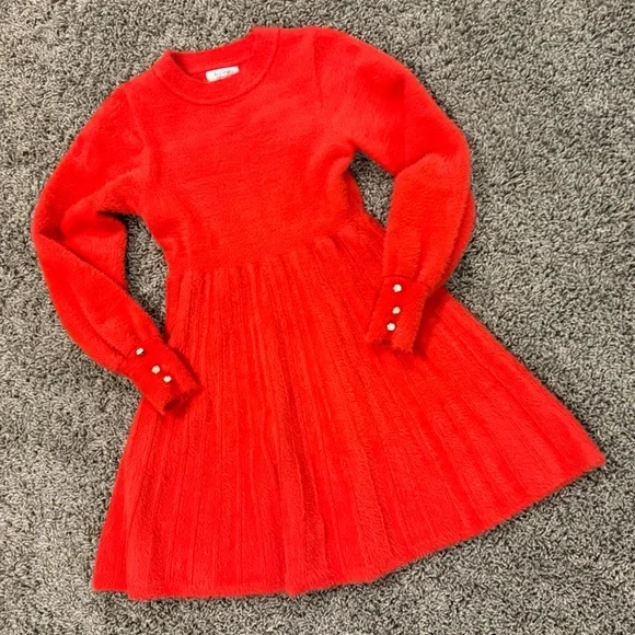 Arshiner Girls red Sweater Dress with lantern sleeves and pleated Twirl skirt - Picture 1 of 7
